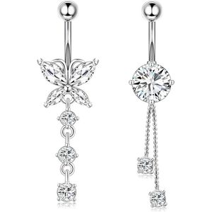 2 stuks zilverkleurige navelringen met vlinderdesign