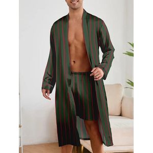 ochtendjas badjas groen streep boxer pyjama satijn heren nachtkleding goedkoop huispak comfort mannen glans elastisch lange mouwen korte broek