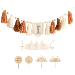 Baby verjaardag decoratieset - 1e verjaardag jongen meisjes - kinderverjaardag decoratie met kroon hoed - cake topper - banner - beige .