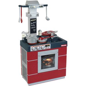 Klein Toys Miele keuken - fornuis, afzuigkap, dispenser, spoelbak, handige opbergvakjes - incl. bijpassende accessoires - rood grijs