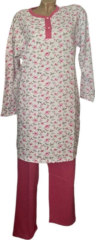 Dames flanel pyjamaset warm gevoerd met extra lange top XL (40-42) grijs/roze/wit