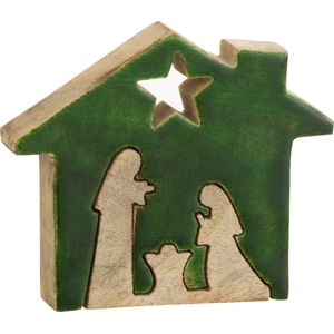 J-Line Kerstcadeau - Kribbe in huisvorm - hout, groen, naturel - formaat small - Kerstmis decoratie