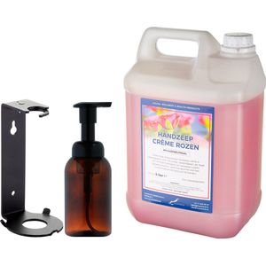 Zeepdispenser 300 ml amber bruin hervulbaar + 5 liter Handzeep Crème Rozen navulling (inclusief beugel)