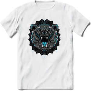 Beer - Dieren Mandala T-Shirt | Lichtblauw | Grappig Verjaardag Zentangle Dierenkop Cadeau Shirt | Dames - Heren - Unisex | Wildlife Tshirt Kleding Kado | - Wit - M