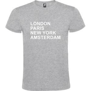 Grijs T-shirt 'LONDON, PARIS, NEW YORK, AMSTERDAM' Wit Maat XS