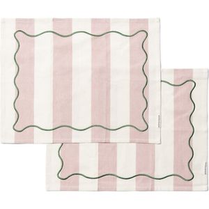 Riviera Maison Textielen Placemats Roze verticale strepen patroon - Capri tafeltextiel met organisch groen borduursel