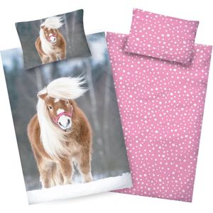 Kinderen Kinderbeddengoed 100 x 135 cm Meisjes Paarden Roze Katoen met YKK-rits Kinderen Omkeerbare Beddengoedset Pony Motief