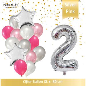 Cijfer Ballon 2 Jaar Zilver Roze White Pearl Boeket * Hoera 2 Jaar Verjaardag Decoratie Set van 15 Ballonnen * 80 cm Verjaardag Nummer Ballon * Snoes * Verjaardag Versiering * Verjaardag Decoratie * Silver Pink Pearl White* Nummer Ballon 2 * Zilver