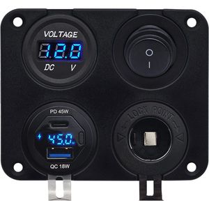 ProRide 12V USB Autolader 2 Poorten - 45W/QC3.0 - Voltmeter, Schakelaar en 12V/24V Sigarettenplug - Vierkant inbouw