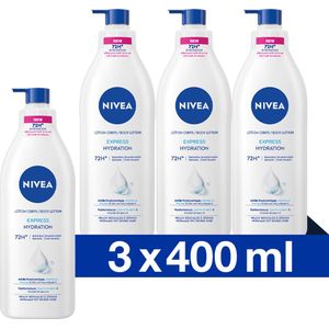 NIVEA Express Bodylotion met Pomp - Voor Normale tot Droge Huid - Hyaluronzuur, Zeemineralen en Voedend Serum - 72H Hydraterende Lotion - 3x400 ml