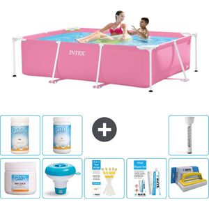 Intex Rechthoekig Frame Zwembad - 220 x 150 x 60 cm - Roze - Inclusief Chloor - Chloordrijver - Testrips - Reparatiesetje - Scrubborstel - PH-waarde - PH-waarde - Thermometer
