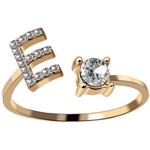 Ring Met Letter - Ring Met Steen - Letter Ring - Ring Letter - Initial Ring - (Zilver) Gold-Plated Letter E - Cadeautje voor haar