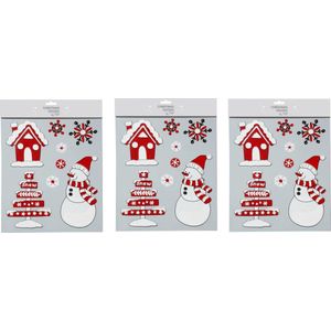 3x stuks velletjes raamstickers sneeuwversiering rood/wit 34,5 cm - Raamversiering/raamdecoratie stickers kerstversiering