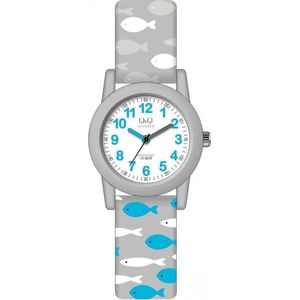 Q&Q VR99J801Y - Horloge - Sport - Analoog - Kinderen - Unisex - Plastic band - Rond - Kunststof - Cijfers - Vissen - Grijs - Blauw - Wit - 10 ATM