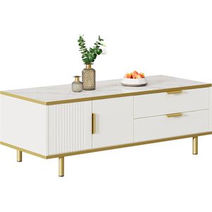 Merax Modern Hoogglans Salontafel - Luxe Geribbelde Salontafel met Schuifladen - Marmerlook Tafelblad - Goudkleurige Accenten - Wit