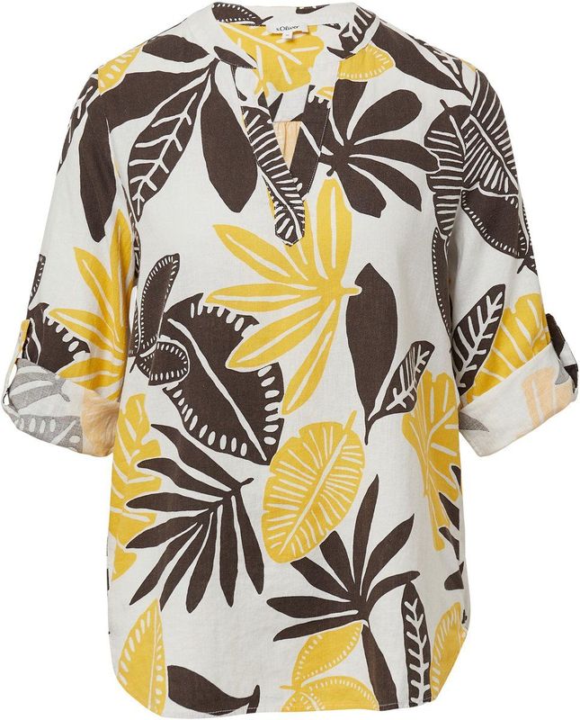 s.Oliver - Blouseshirt - Bruin Geel Wit - Driekwart Mouw - Bloemenprint