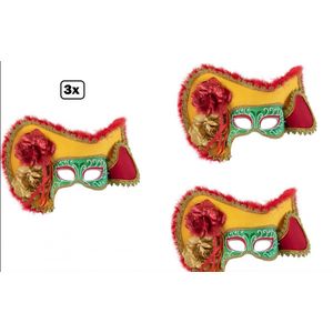 3x Luxe Oogmasker Venetie carnaval rood/geel/groen - Themafeest party optocht thema festival kleur
