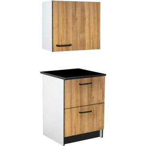 Keukenkastjes - 1 onderkast en 1 bovenkast - 2 lades en 1 deurtje - Houtlook & zwart - TRATTORIA L 60 cm x H 84.8 cm x D 60 cm