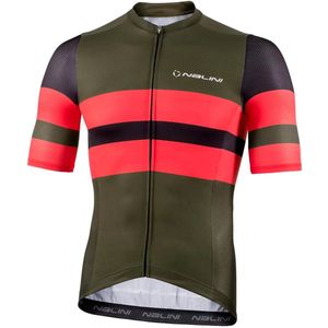 Nalini - Heren - Fietsshirt - Korte mouwen - Wielrenshirt - Zomer - LINEAR JERSEY - RED CORAL/ARMY GREEN - M