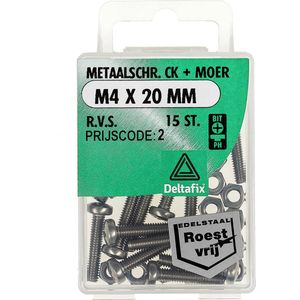 Deltafix. Bout met. MOER M4 x 20 mm. lang. Cilinderkop. R.V.S.-A2. 15 Stuks Metaal schroeven.