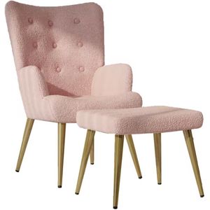 J&R Stoel - leesstoel - Woonkamer stoel - Fauteuil - Stoel met voetenbank - Stoel met hocker - Teddy stof - Bouclé - Roze