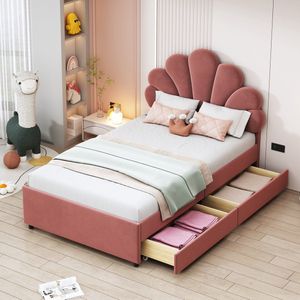 Gestoffeerd kinderbed 90 x 200 cm, bedframe met gebloemd hoofdeinde en lattenbodem, met 2 opbergvakken, meisjesbed logeerbed van huidvriendelijke fluweelstof