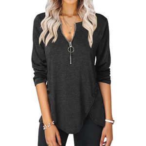 Vrouwen lange mouwen overhemd met V-hals en half rits - casual tuniek met zijknop