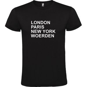 Zwart t-shirt met "" London, Paris , New York, Woerden "" print Wit size XS