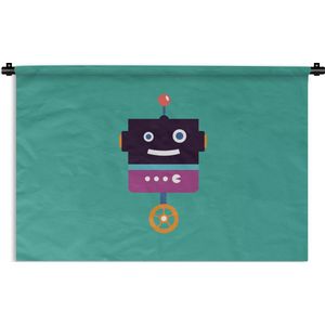 Wandkleed - Wanddoek - Robot - Wiel - Paars - Groen - Jongens - Kids - 90x60 cm - Wandtapijt