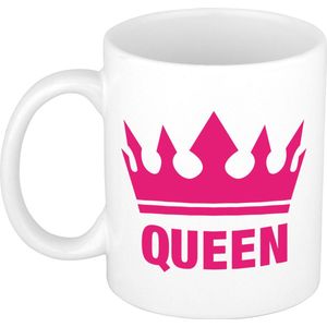 1x Cadeau Queen beker / mok - wit met fuchsia roze bedrukking - 300 ml keramiek - witte bekers