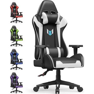Ergonomische Gamer Stoel - BIGZZIA Gamer stoel met hoofdsteun en lendenkussen - 90°-155° verstelbare - Zwart en Wit