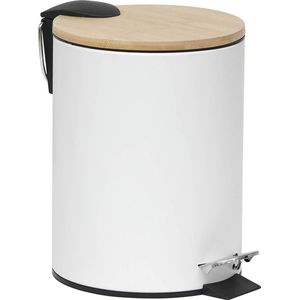 Stijlvolle Design Prullenbak met Bamboe deksel – Wit/Bamboe – Klein formaat – 2.5L – Badkamer – Toilet – Keuken – Kantoor – Prullenbak 17x20x23cm – Soft Close