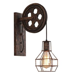 Hoexs - Industriële Katrol Wandlamp - Vintage Muurlamp Binnen – E27 Fitting - Metaal en Hout - Loft Stijl