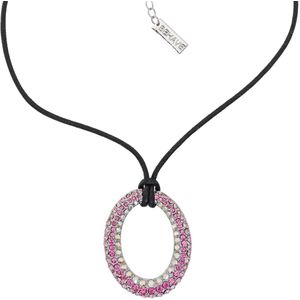 Behave - Ketting Dames - Ovalen Hanger - Roze en Multi kleur Kristal steentjes - Waxkoord