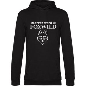 Hoodie met opdruk “Daarvan word ik Foxwild” - Zwarte hoodie met witte opdruk – Goede pasvorm, fijn draag comfort