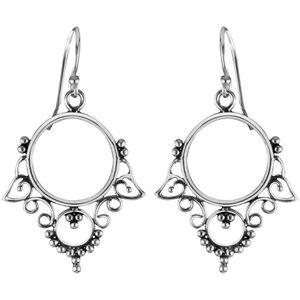 Zilveren oorbellen | Hangers | Zilveren oorhangers, rijk gedecoreerde cirkel