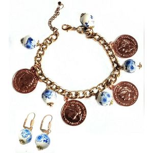 Braembles® - Holland - Armband met Oorbellen - Delfts Blauw - Munten - Armband Dames - Delfts blauwe kralen - Armband - Sieraden - Sinterklaas -
