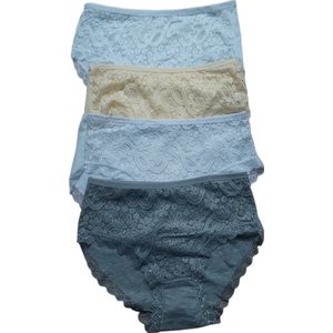 Dames - Ondergoed - Slips - 95% Katoen - 4 Stuks - Met Kant - Normale Taille - Kleur - Wit, Grijs, Geel, Wit - Maat 42/XL