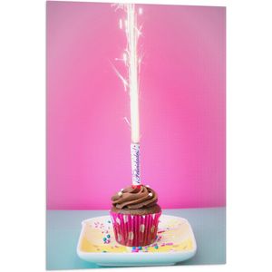 Vlag - Verjaardagscupcake met Chocolade Topping en Fontein - 60x90 cm Foto op Polyester Vlag