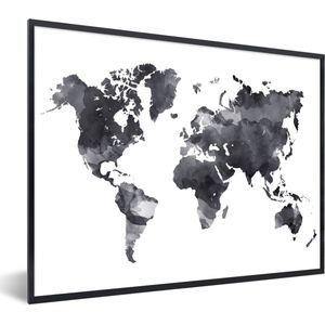 Fotolijst incl. Poster - Wereldkaart - Waterverf - Zwart - Wit - 80x60 cm - Posterlijst