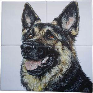 MadDeco Nederlands fabrikaat Duitse Herder op plateau van 4 tegels Friese Witjes 13 x 13 cm per tegel