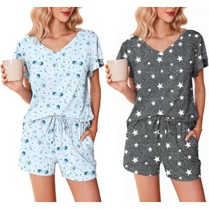 Set van 2 Dames Pyjama's - Zachte Pyjamasets met Ruches en Mouwen, V-hals, Top en Shorts, Nachtkleding en Loungewear