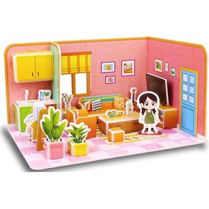 Ainy - 3D puzzel poppenhuis woonkamer met meubels: Miniatuur bouwpakket / speelgoed huisjes knutselpakket / knutselen meisjes - hobby puzzels en creatief modelbouw voor kinderen & volwassenen | 48 stukjes - 22x16x13cm