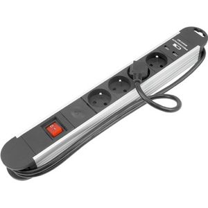 Exin Stekkerdoos - 4-voudig met penaarde - 2 USB aansluitingen - Met overspanningsbeveiliging - 1.5 meter snoer - Aluminium