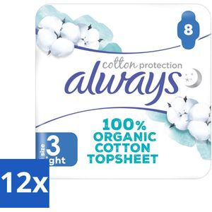 12 x Always - Maandverband - Night - Cotton Protection - Met Vleugels - 8 Maandverband - Nachtverband - Maandverband - Biologisch Katoen - Gevoelige Huid - Absorberend
