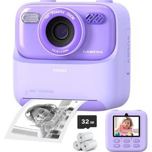 Sounix Kindercamera Full HD met Printer - Selfie Camera - met 32G SD kaart - Digitale Camera Kinderen - Foto en Video - Spelletjes - Paars