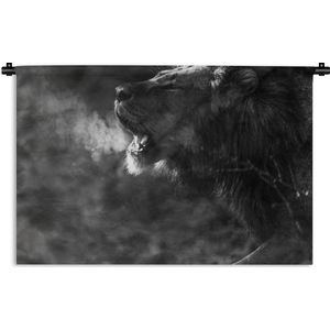 Wandkleed Leeuw in zwart wit - Brullende leeuw Wandkleed katoen 180x120 cm - Wandtapijt met foto XXL / Groot formaat!