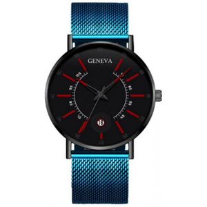 Hidzo Horloge Geneva - Met Datumaanduiding - Ø 40 mm - Blauw/Rood - Staal