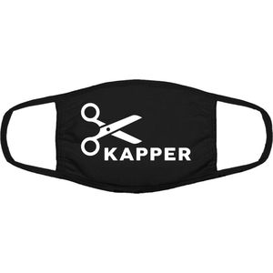 Kapper | werk | beroep | gezichtsmasker | bescherming | bedrukt | logo | Zwart mondmasker van katoen, uitwasbaar & herbruikbaar. Geschikt voor OV