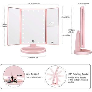 Verlichte Makeup Spiegel met 21 LED lampen, Dual Power Supply 2X/3X Vergrotende LED (Roze)